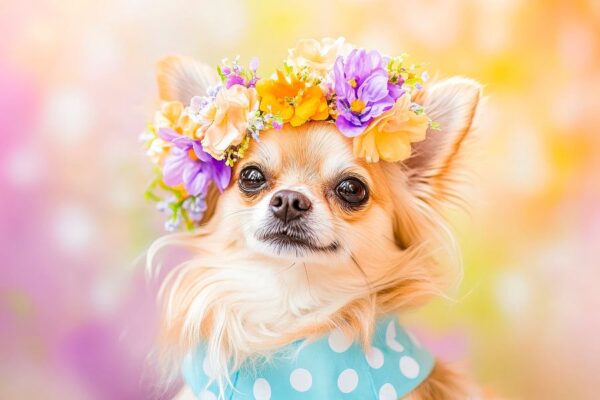 Chihuahua mit Blumenkranz und Tuch