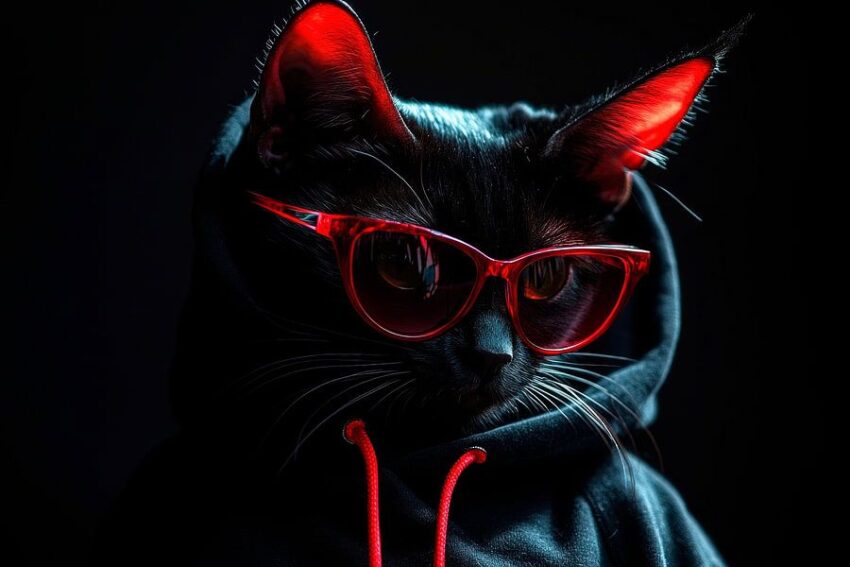 Coole schwarze Katze in Hoodie mit Brille