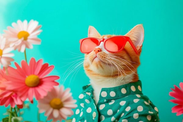 Cooler Kater mit Sonnenbrille und Blumen