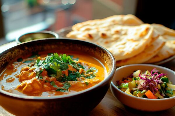 Currygericht mit Naan und Salatbeilage