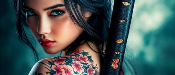 Dame mit Katana und floralen Tattoos