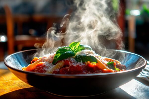 Dampfende Pasta in frischer Tomatensauce