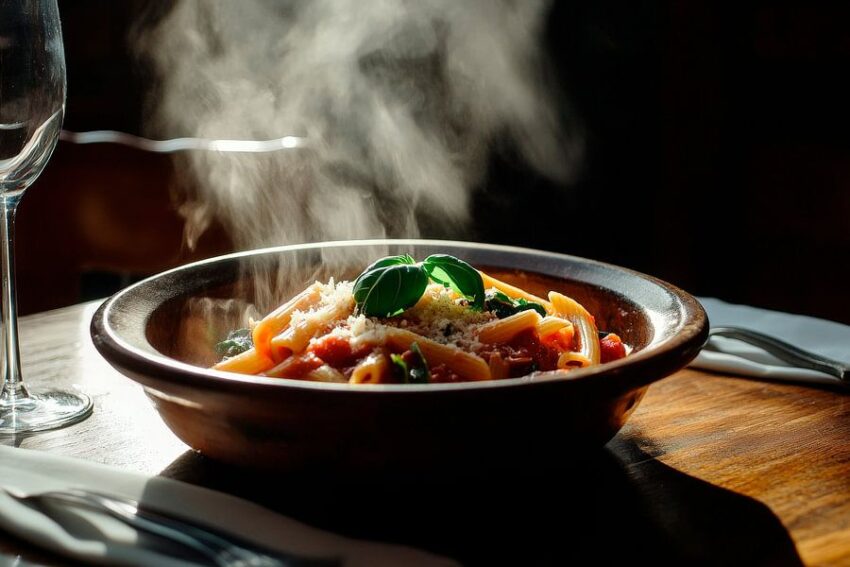 Dampfende Pasta in rustikalem Stil