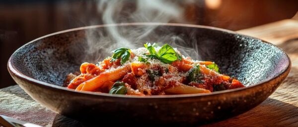 Dampfende Pasta mit frischem Basilikum