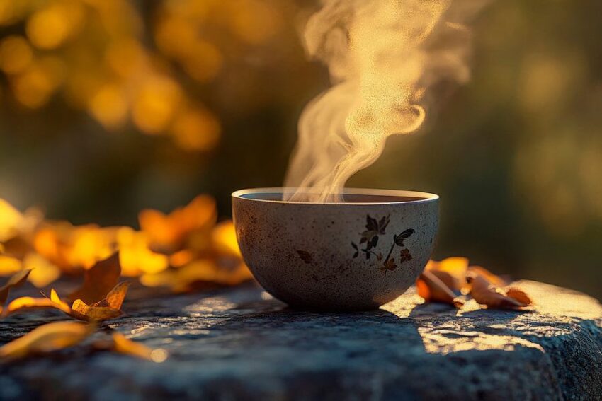 Dampfende Tasse im Herbstlicht