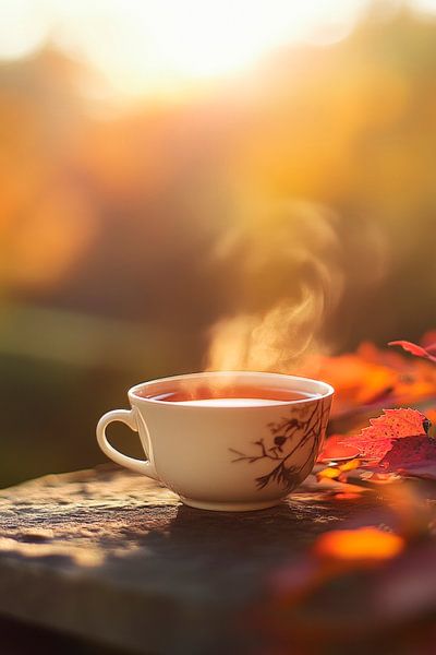 Dampfende Tasse in goldenem Licht