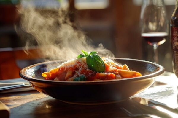 Dampfer Pasta Genießen im Sonnenlicht