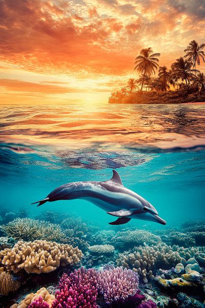 Delfin schwimmt unter tropischem Sonnenuntergang