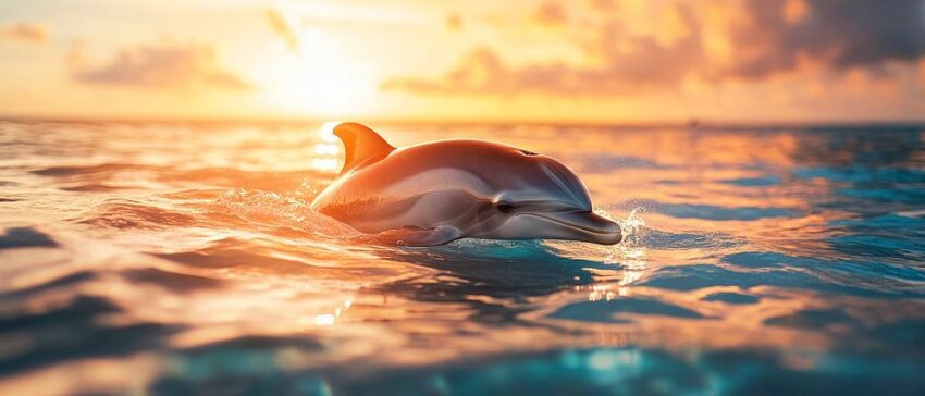 Delfin unter Sonnenuntergang im Meer