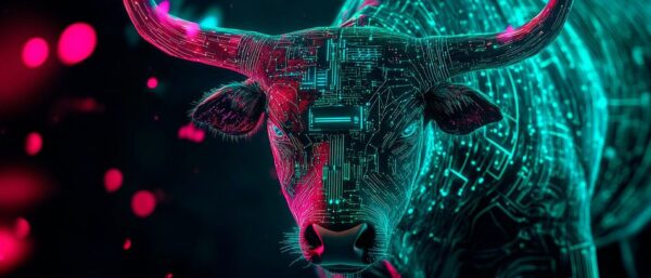 Digitaler Stier mit neonfarbenen Mustern