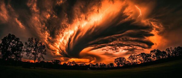 Dramatischer Sonnenuntergang mit Wolkenwirbel