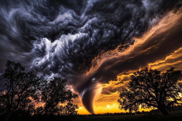 Dramatischer Tornado bei Sonnenuntergang