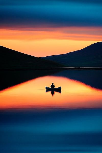 Einsamer Paddler im Sonnenuntergang