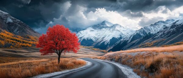 Einsamer roter Baum im Herbstlandschaft