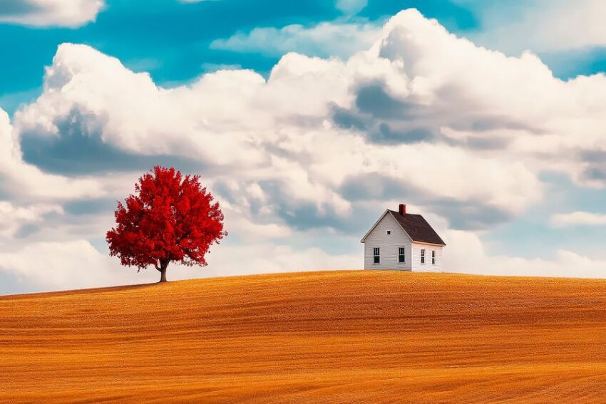 Einsames Haus mit rotem Baum