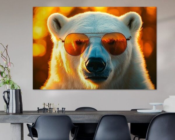 Eisbär mit Sonnenbrille im Sonnenlicht