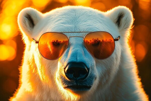 Eisbär mit Sonnenbrille im Sonnenlicht