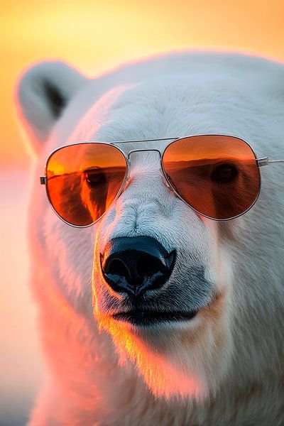 Eisbär mit Sonnenbrille im Sonnenuntergang