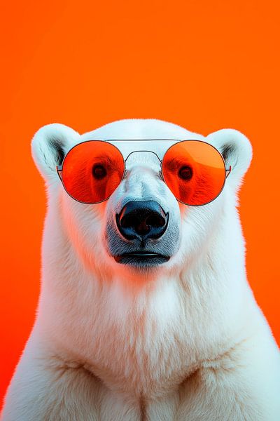 Eisbär mit Sonnenbrille vor orangefarbenem Hintergrund