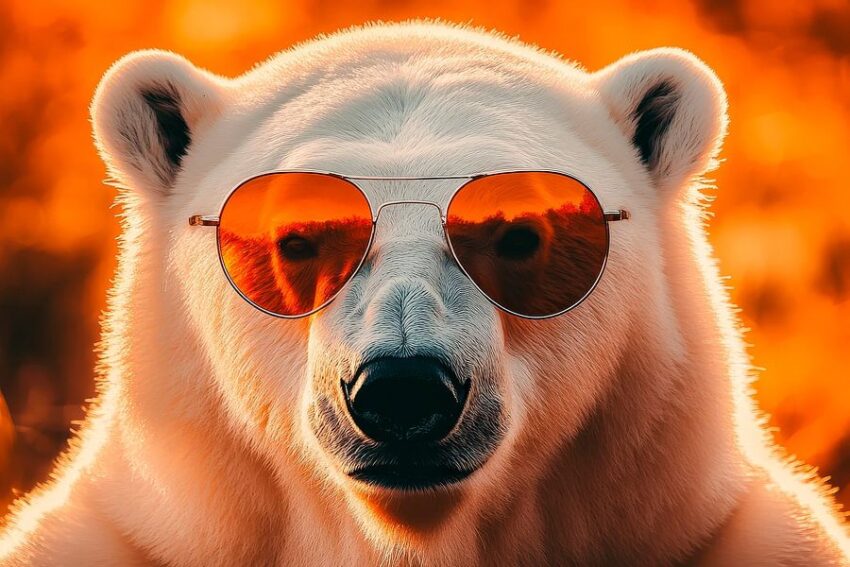 Eisbär mit Sonnenbrille vor Sonnenuntergang