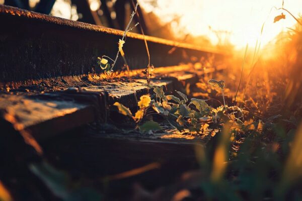 Eisenbahnschienen mit Pflanzen – Sonnenuntergang