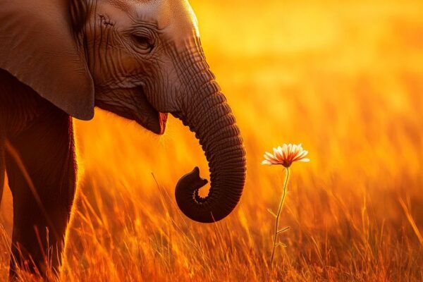 Elefant bewundert eine Blume