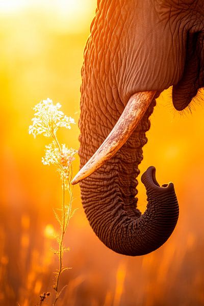 Elefant im Sonnenuntergang mit Blüte