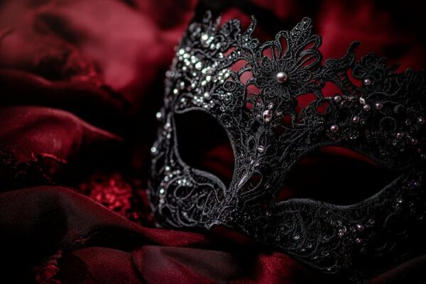 Elegante schwarze Maske auf rotem Satin