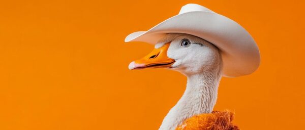 Ente im Cowboy-Hut vor orangem Hintergrund