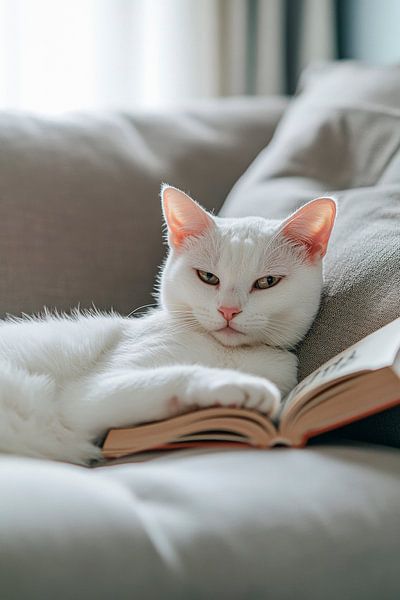 Entspannende Katze mit Buch auf Sofa