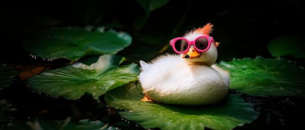 Entspannte Ente mit Sonnenbrille auf Blättern