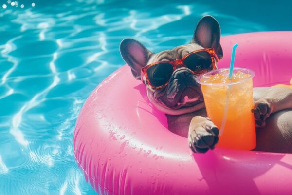 Entspannter Hund im Pool mit Drink