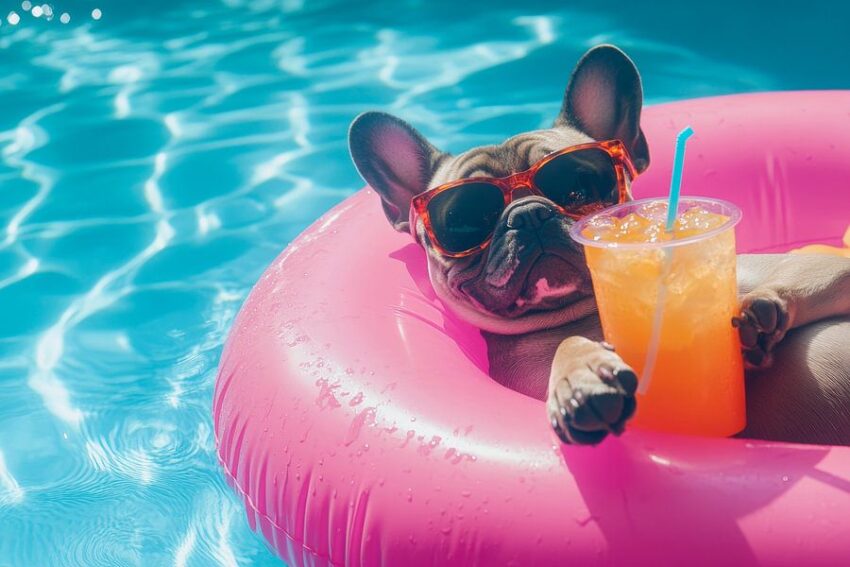 Entspannter Hund im Pool mit Drink