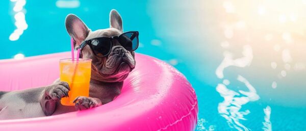 Entspannter Hund im Pool mit Drink