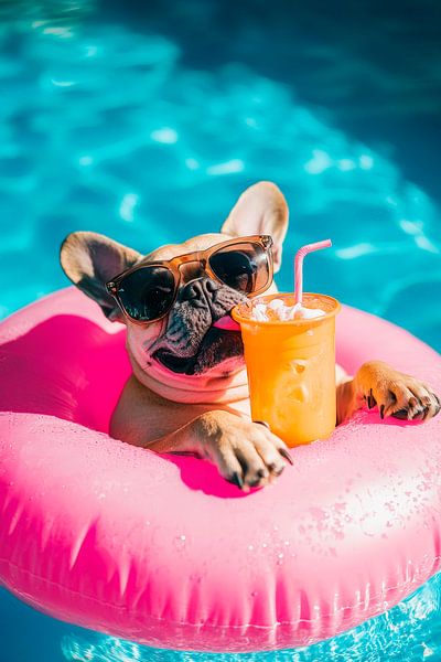 Entspannter Hund im Poolring mit Drink