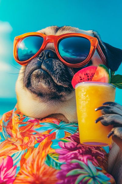 Entspannter Mops mit Cocktail am Strand