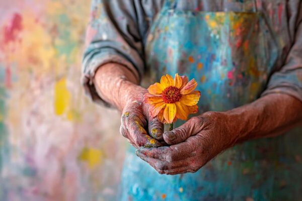 Farbenfrohe Hände mit Blume halten