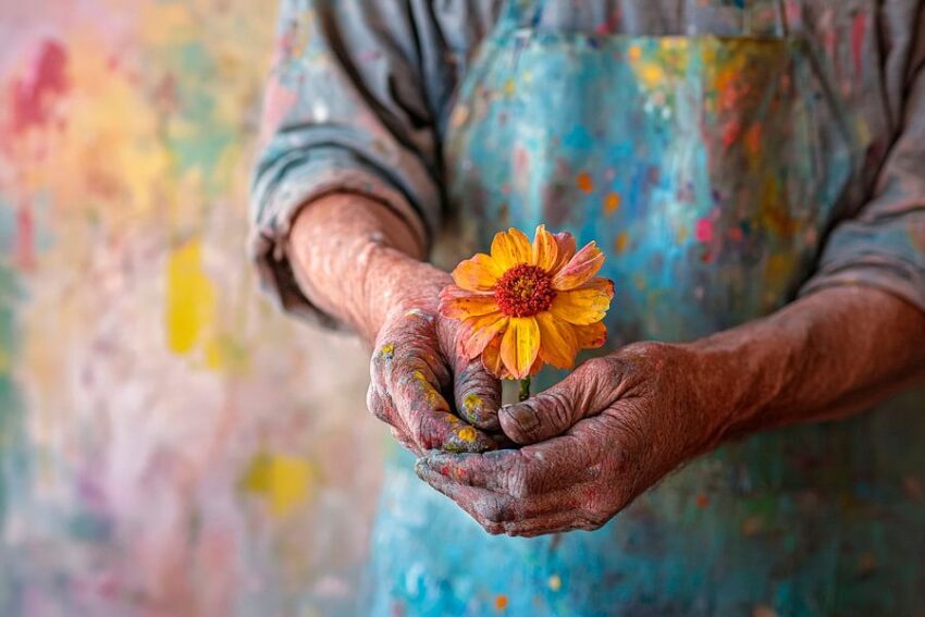 Farbenfrohe Hände mit Blume halten