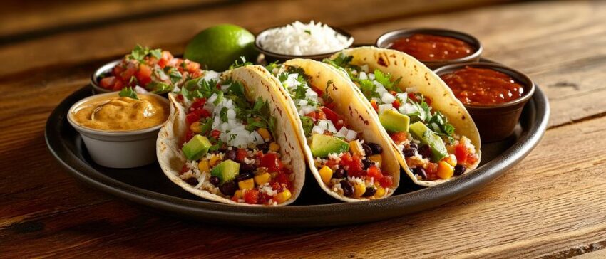 Farbenfrohe Tacos mit Salsa und Limette