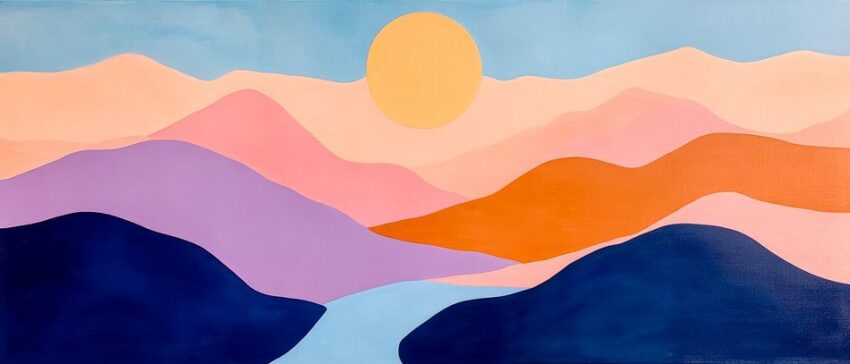 Farbige Berglandschaft mit Sonne