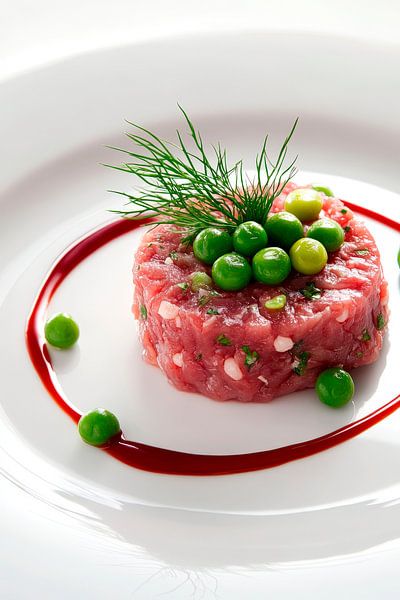 Fein angerichtetes Rindertartar mit Erbsen