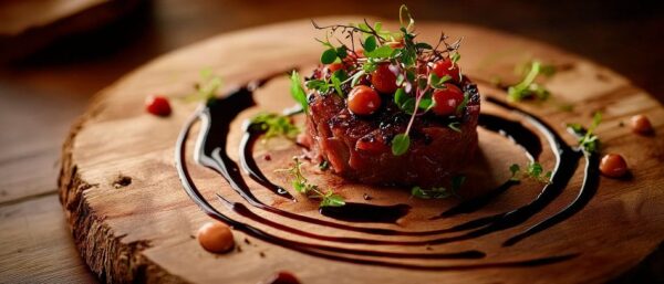 Fein angerichtetes Steak auf Holzplatte