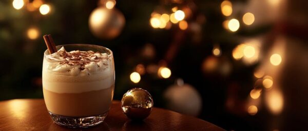 Festlicher Cocktail vor Weihnachtsbaum-Lichtern