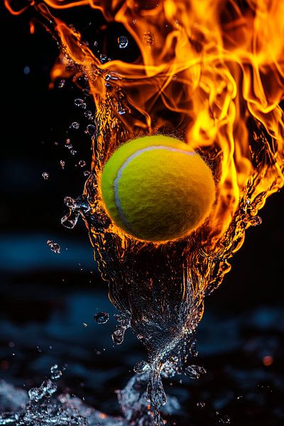 Feuriger Tennisball im Wasserfall