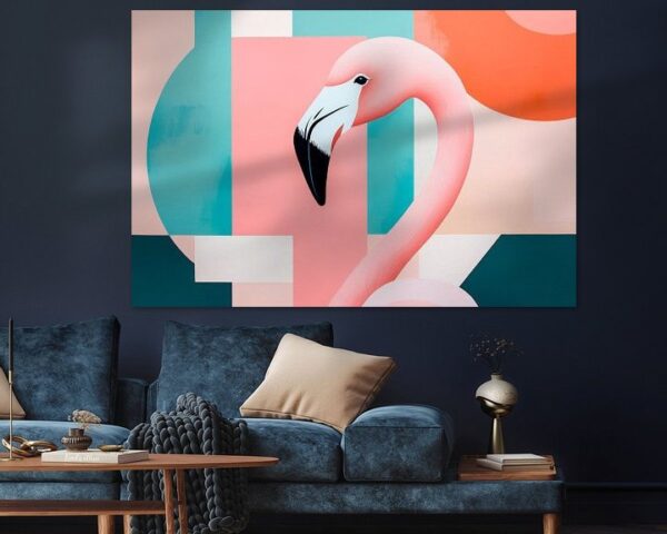 Flamingo vor geometrischem Farbenspiel