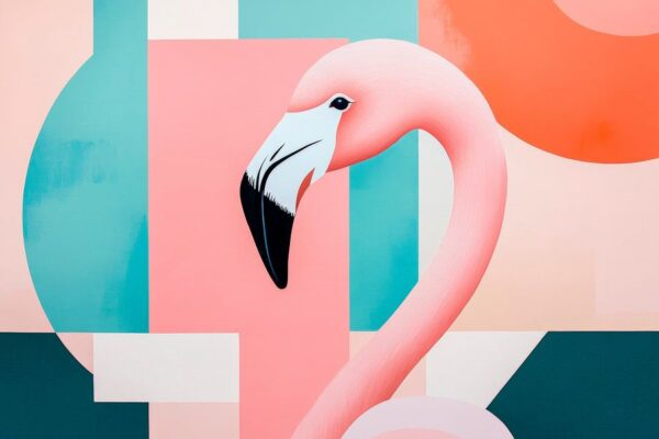 Flamingo vor geometrischem Farbenspiel