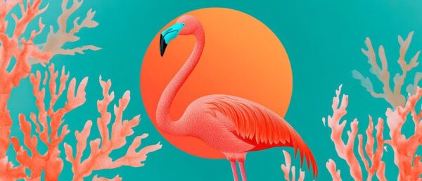 Flamingo vor korallenrot-orangefarbener Sonne