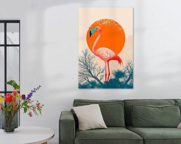 Flamingo vor leuchtendem Sonnenuntergang