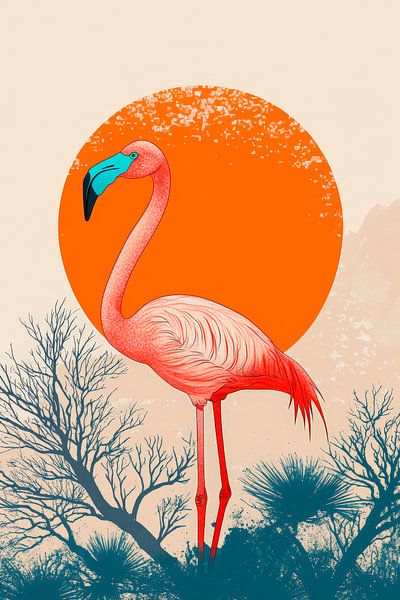 Flamingo vor leuchtendem Sonnenuntergang