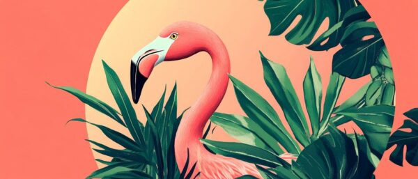 Flamingo zwischen tropischen Blättern